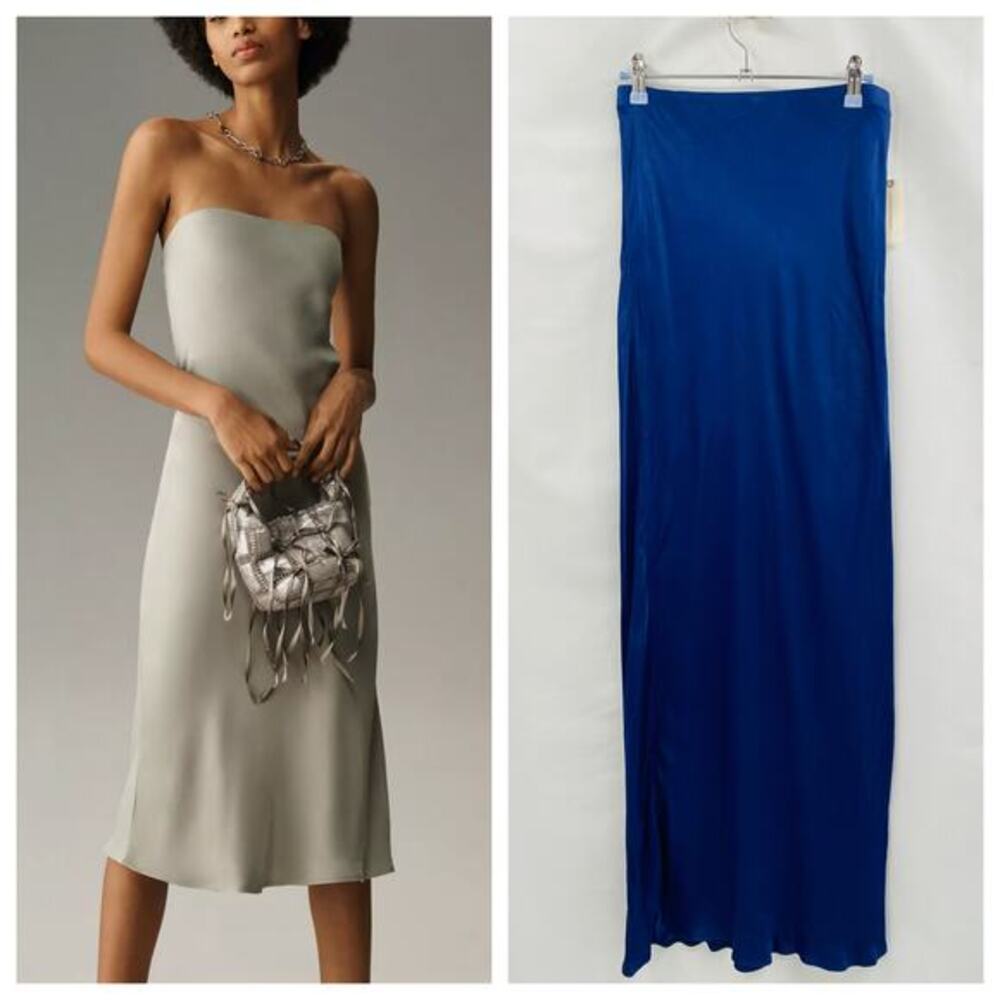 Anthropologie blue satin strapless slip midi dress navy‎